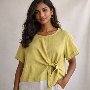 Gabriella Made In Italy Yellow Lagenlook Resort‎ Wear Linen Tie Blouse Shirt